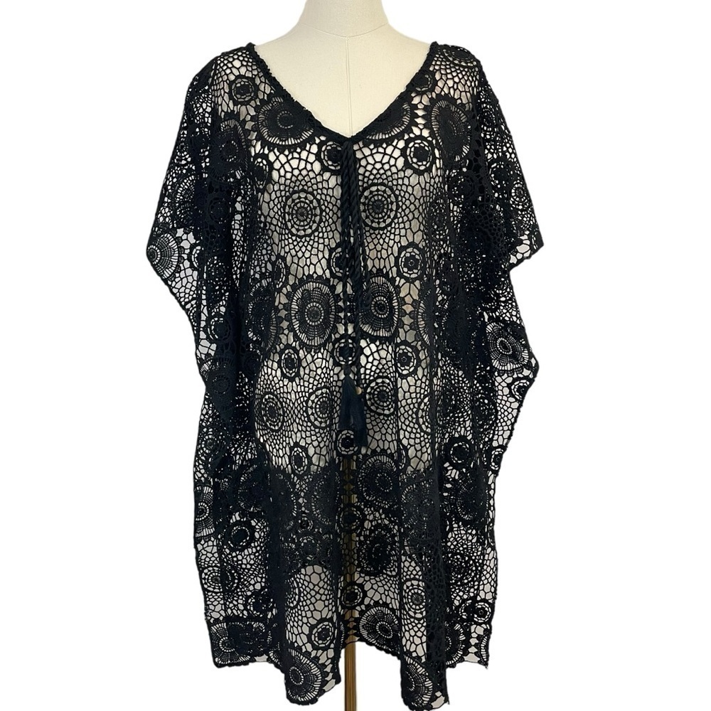 Crochet Swim Cover Womens S/M Black Open Knit Boho Swim Pool Vacation EUC
